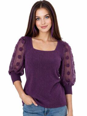 Cato Women’s Purple Sheer Puff Sleeve Knit Top Sz Large Square Neck SS